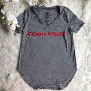 Good Vibes Striped Graphic Tee V Neck Medium
